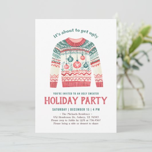 Ugly Sweater Holiday Weihnachts-Party Einladung (Stehend Vorderseite)