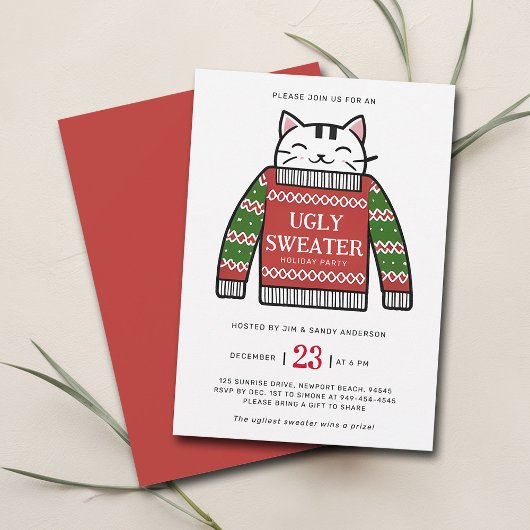Ugly Sweater Modern Cat Zeichne Weihnachts-Party Einladung