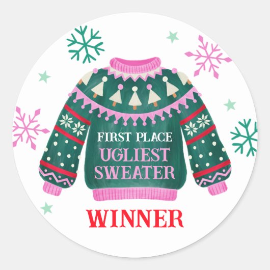 Ugly Sweater Party 1. Platz Gewinner Runder Aufkleber (Vorderseite)