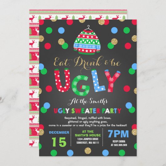 Ugly Sweater Party Einladung essen Drink & Be Ugi (Vorne/Hinten)
