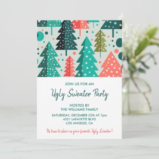 Ugly Sweater Party Einladung Forest Snowfall (Stehend Vorderseite)