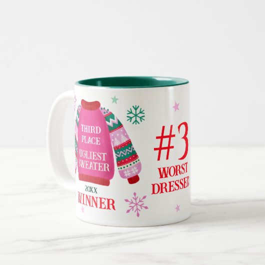 Ugly Sweater Party Gewinner des 3. Preises Zweifarbige Tasse (Vorderseite Links)