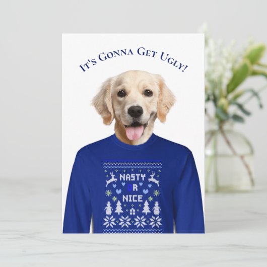 Ugly Sweater Party Golden Retriever Einladung (Stehend Vorderseite)