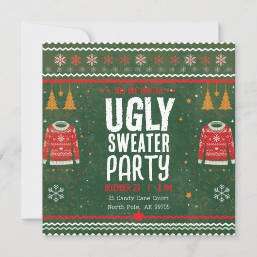 Ugly Sweater Party – Green Gold Holiday Fun Einladung (Vorderseite)