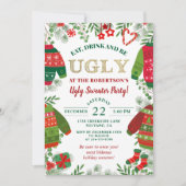 Ugly Sweater Party Greenery Roter Weihnachtsfeiert Einladung (Vorderseite)