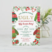 Ugly Sweater Party Greenery Roter Weihnachtsfeiert Einladung (Stehend Vorderseite)