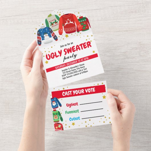 Ugly Sweater Party in einer Einladung (Abreißen)