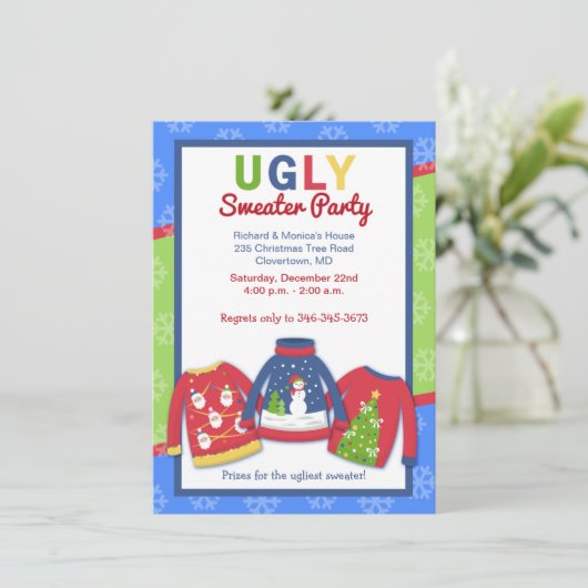 Ugly Sweater Party individuelle Urlaubseinladung Einladung (Stehend Vorderseite)