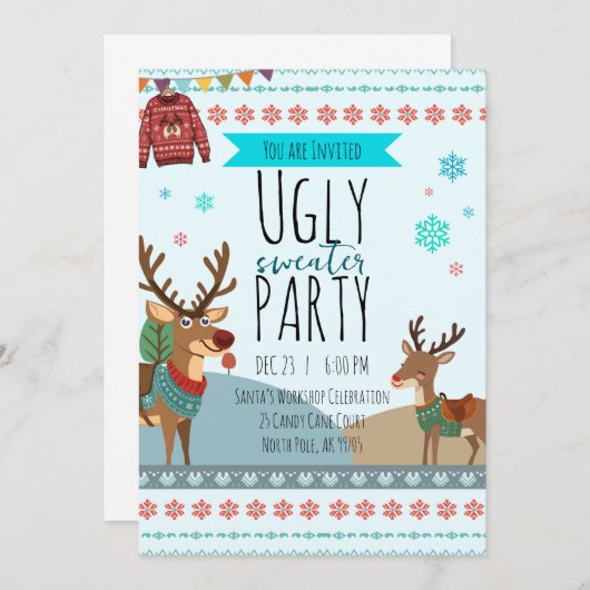 Ugly Sweater Party – Reindeer Snowflake Fun Einladung (Vorne/Hinten)