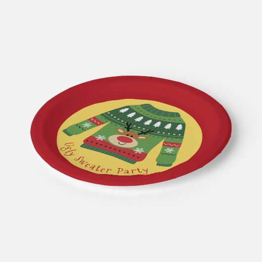 Ugly Sweater Party Rentier Pappteller (Schrägansicht)