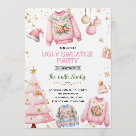 Ugly sweater pink theme invitation einladung (Vorderseite)