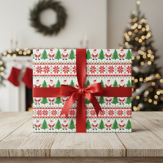 Ugly Sweater pixelated Santa Festive Streifen Geschenkpapier