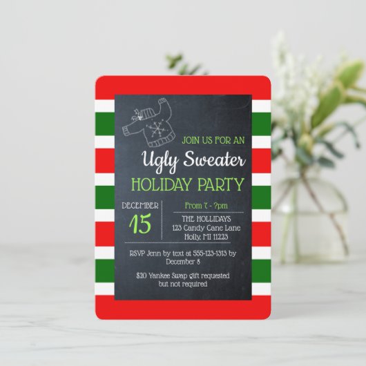 Ugly Sweater Red and Green Striday Einladung (Stehend Vorderseite)