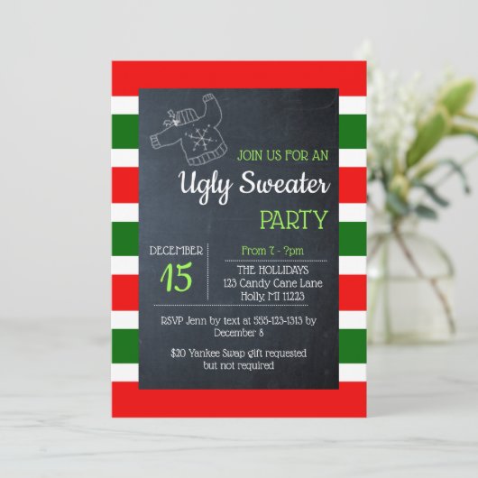 Ugly Sweater Red and Green Strip Weihnachten Einladung (Stehend Vorderseite)