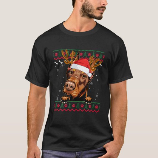 Ugly Sweater Reindeer Santa Christmas Doberman Dog T-Shirt (Vorderseite)