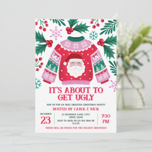 Ugly Sweater Santa Costume Party Grün und Rot Einladung (Stehend Vorderseite)