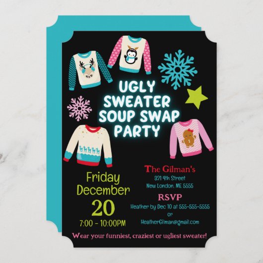 Ugly Sweater Soup Swap-Party Einladung (Vorne/Hinten)