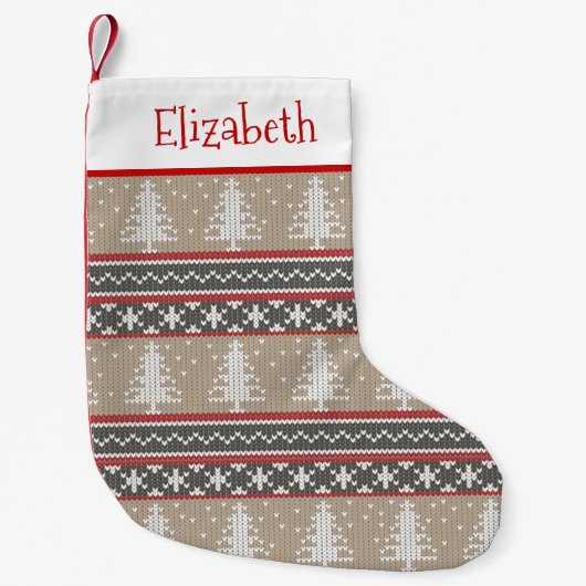 Ugly Sweater Strick Weihnachtsmuster | Tan und Rot Kleiner Weihnachtsstrumpf (Vorderseite)