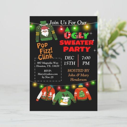 Ugly Sweater String Lichter Weihnachts-Einladung Einladung (Stehend Vorderseite)