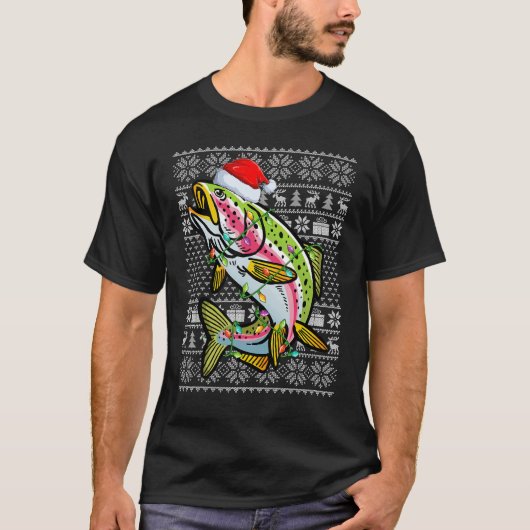 Ugly Sweater Style Xmas Lights Rainbow Trout Fish T-Shirt (Vorderseite)