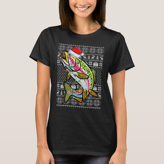 Ugly Sweater Style Xmas Lights Rainbow Trout Fish T-Shirt (Vorderseite)