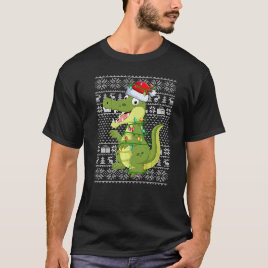 Ugly Sweater Style Xmas Lights Santa Alligator Chr T-Shirt (Vorderseite)