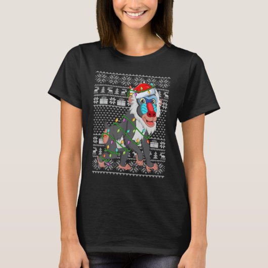 Ugly Sweater Style Xmas Lights Santa Baboon Christ T-Shirt (Vorderseite)