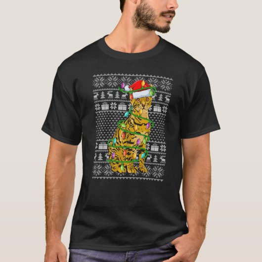 Ugly Sweater Style Xmas Lights Santa Bengal Cat Ch T-Shirt (Vorderseite)