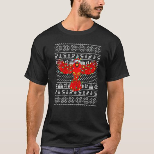 Ugly Sweater Style Xmas Lights Santa Cardinal Bird T-Shirt (Vorderseite)