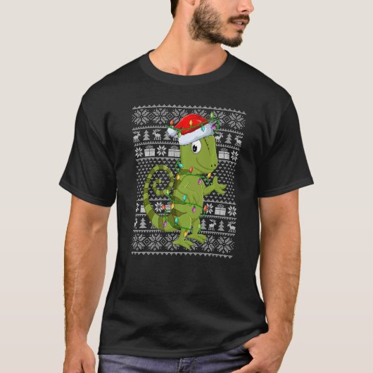 Ugly Sweater Style Xmas Lights Santa Chameleon Chr T-Shirt (Vorderseite)