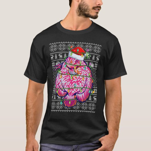 Ugly Sweater Style Xmas Lights Santa Discus Fish C T-Shirt (Vorderseite)