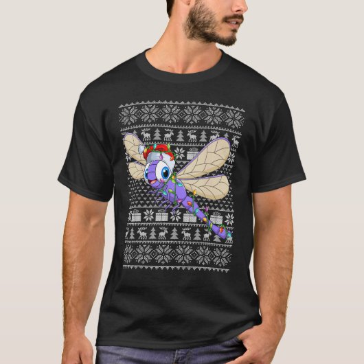 Ugly Sweater Style Xmas Lights Santa Dragonfly Chr T-Shirt (Vorderseite)