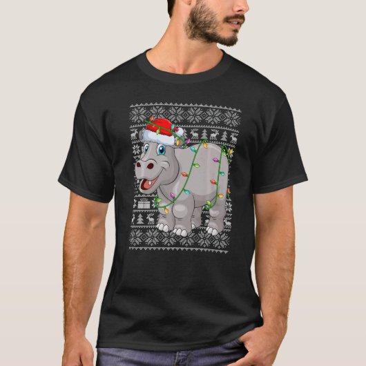 Ugly Sweater Style Xmas Lights Santa Hippopotamus  T-Shirt (Vorderseite)