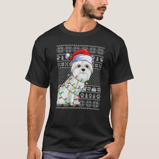 Ugly Sweater Style Xmas Lights Santa Maltese Dog C T-Shirt (Vorderseite)