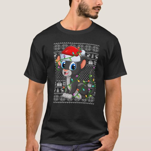 Ugly Sweater Style Xmas Lights Santa Panther Chris T-Shirt (Vorderseite)