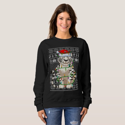 Ugly Sweater Style Xmas Lights Santa White Tiger C Sweatshirt (Vorne ganz)
