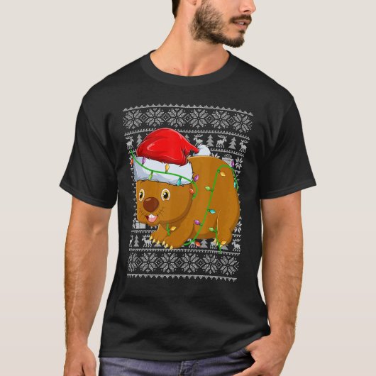 Ugly Sweater Style Xmas Lights Santa Wombat Christ T-Shirt (Vorderseite)