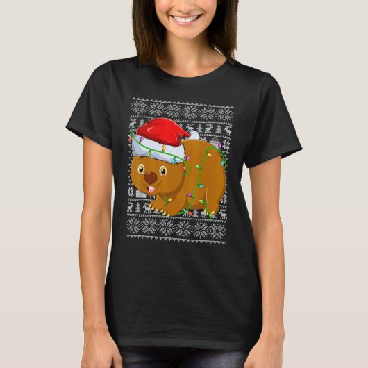 Ugly Sweater Style Xmas Lights Santa Wombat Christ T-Shirt (Vorderseite)