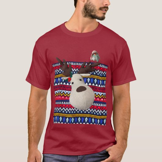 Ugly Sweater T - Shirt Rentier und Vogel lustiges  (Vorderseite)