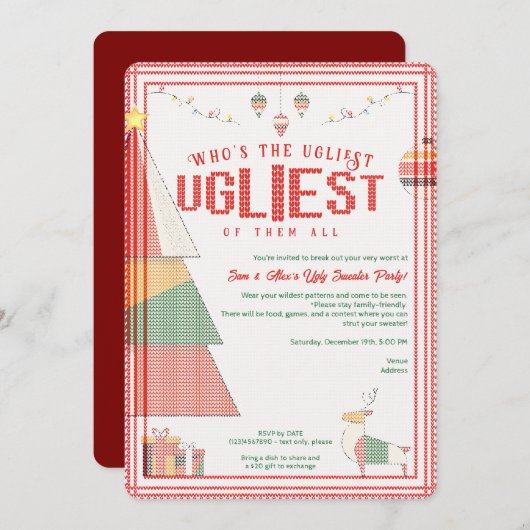 Ugly Sweater Ugliest Contest Weihnachtsfeiertag Einladung (Vorne/Hinten)