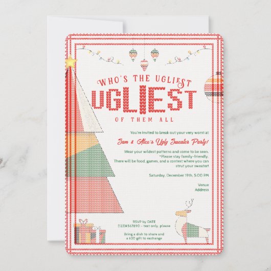 Ugly Sweater Ugliest Contest Weihnachtsfeiertag Einladung (Vorderseite)