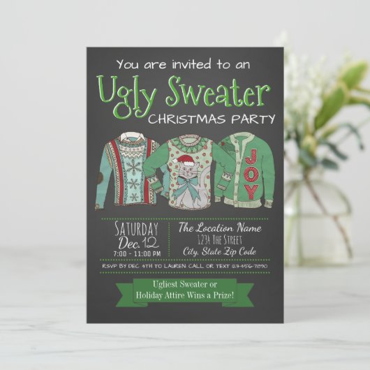 Ugly Sweater Weihnachts-Party Chalk Einladung (Stehend Vorderseite)