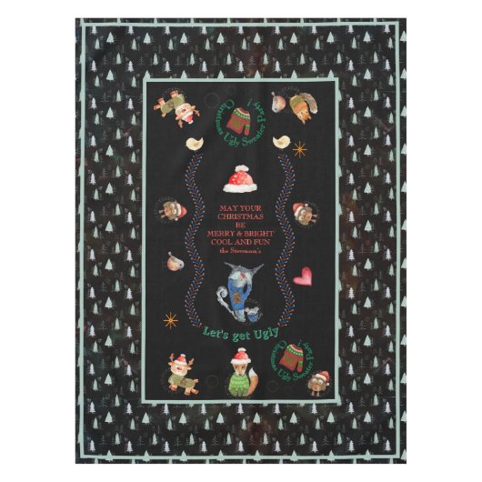 Ugly Sweater Weihnachts-Party Tiere Schwarz Aquama Tischdecke (Vorderseite)