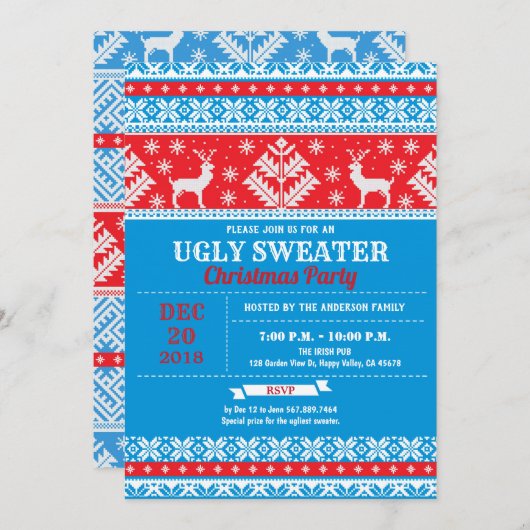 Ugly Sweater Weihnachtsbaum Rentiere Xmas Party Einladung (Vorne/Hinten)