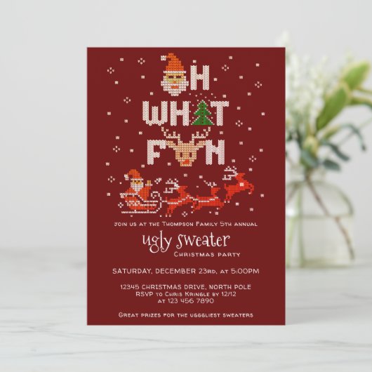 Ugly Sweater Weihnachtsfeier R Oh, was Spaß Einladung (Stehend Vorderseite)