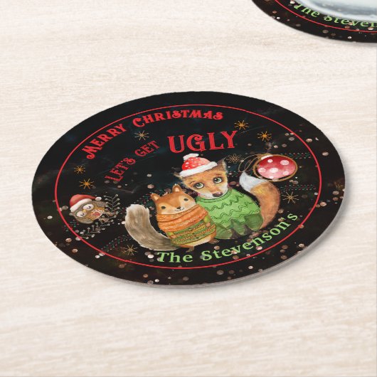 Ugly Sweater WOODLAND TIERALS Urlaub Runder Pappuntersetzer (Angewinkelt)