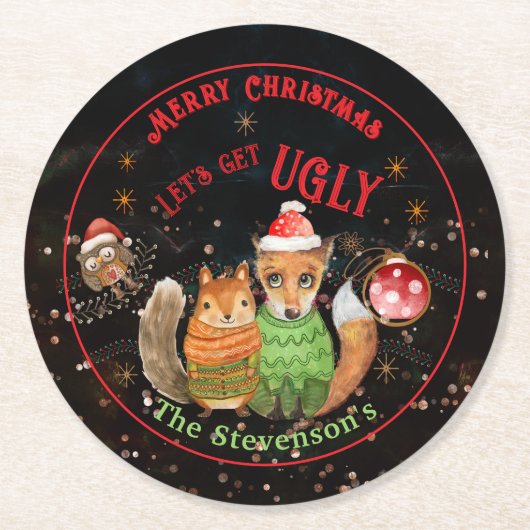 Ugly Sweater WOODLAND TIERALS Urlaub Runder Pappuntersetzer (Vorderseite)