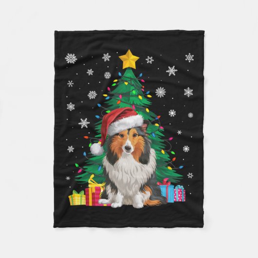 Ugly Sweater Xmas Tree Light Shetland Sheepdog Hun Fleecedecke (Vorderseite)