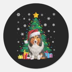 Ugly Sweater Xmas Tree Light Shetland Sheepdog Hun Runder Aufkleber