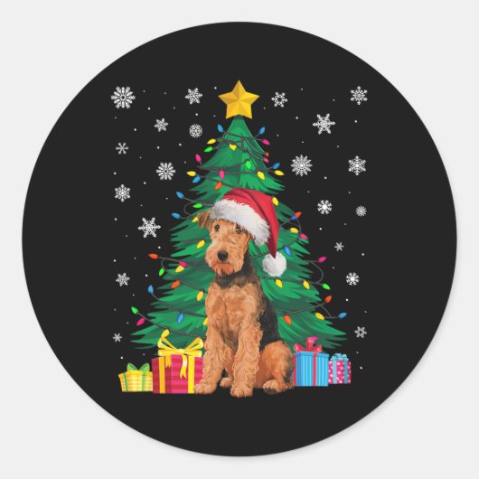 Ugly Sweater Xmas Tree Lights Airedale Terrier Dog Runder Aufkleber (Vorderseite)